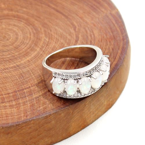 Uloveido Beautiful Women's 7 Stones Wedding Band Oval Cubic Zirconia Engagement Anniversary Rings J501 - color: Platinum-Opal
