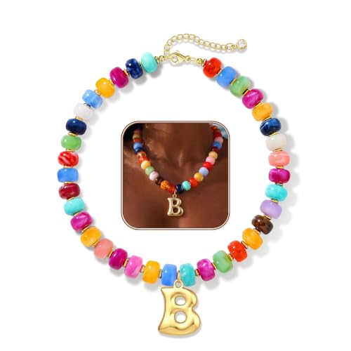 Colorful Chunky Beaded Necklaces for Women Bubble Letter Initial Choker | Boho Statement Bead Necklace, Personalized Rainbow Gemstone Necklaces, Baublebar Gold Necklace Stack, Summer Beach Jewelry - color: Initial B