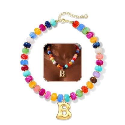 Colorful Chunky Beaded Necklaces for Women Bubble Letter Initial Choker | Boho Statement Bead Necklace, Personalized Rainbow Gemstone Necklaces, Baublebar Gold Necklace Stack, Summer Beach Jewelry - color: Initial B