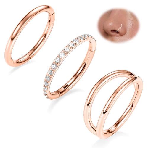 FUNLMO 3Pcs Nose Rings Double Hoop Nose Ring Conch Daith Tragus Helix Rook Piercing Jewelry Surgical Steel Cartilage Earring Conch Hoop Earring Septum Jewelry Lip Ring - color: Style 1: Rose gold
