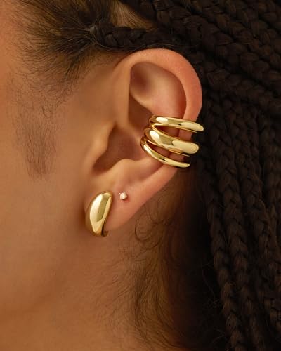 PAVOI 14K Gold Plated 925 Sterling Silver Round Huggie Ear Cuff Earrings for Women | Clip On Cartilage Cuff Earrings - style: Chunky Triple