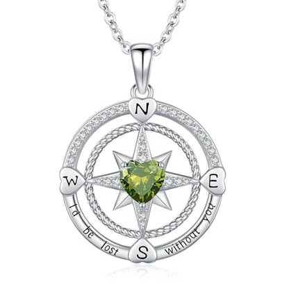 Compass Birthstone Necklace for Women S925 Sterling Silver with Cubic Zirconia - Birthday Jewelry gift for her, Girlfriend, Wife, Mom on Birthday, Anniversary - color: 08 - Peridot