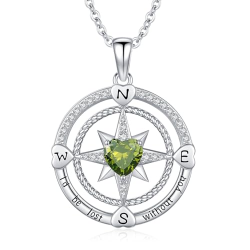 Compass Birthstone Necklace for Women S925 Sterling Silver with Cubic Zirconia - Birthday Jewelry gift for her, Girlfriend, Wife, Mom on Birthday, Anniversary - color: 08 - Peridot