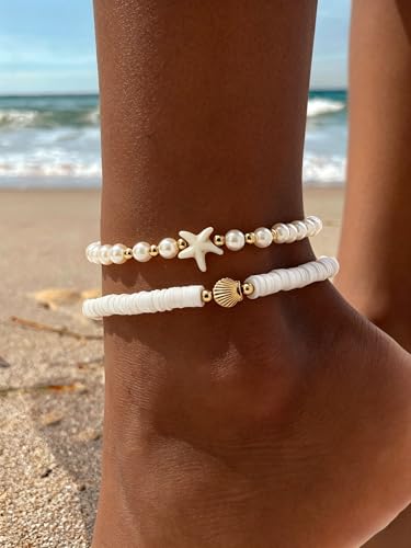 Gold Anklets Bracelets for Women Waterproof Layered Beaded Anklet Bracelets Set Boho Pearl Starfish Shell Anklet Bracelet Stacked Turquoise Anklets Bracelet Summer Beach Foot Jewelry Gift for Women - style: Starfish Shell