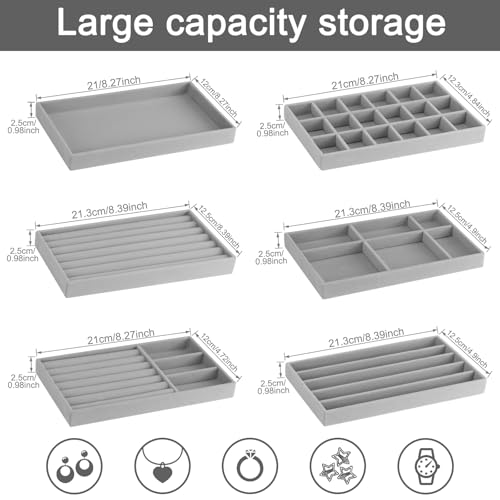 12Pcs Velvet Stackable Jewelry Trays, Jewelry Drawer Organizer, Large Removable Display Jewelry Tray, Necklace Bracelet Storage Box for Earring, Ring, Brooch, Watch (Grey) - color: 12 Pack-Grey