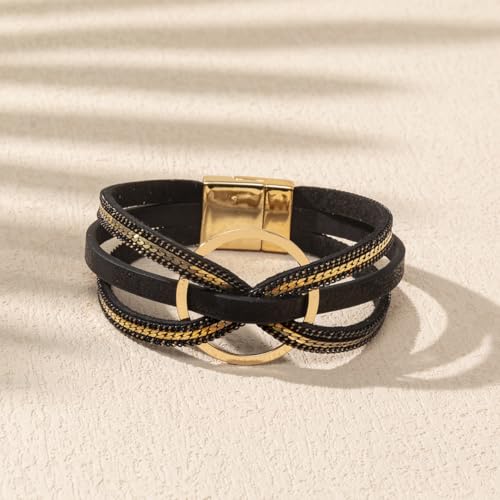 xuzhiyuan Bohemian Leather Cuff Bracelet Multi-Layer Wrap with Circle Accent Bracelet Boho Braided Bracelet Jewelry Gift for Women - color: Black
