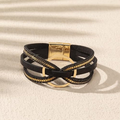 xuzhiyuan Bohemian Leather Cuff Bracelet Multi-Layer Wrap with Circle Accent Bracelet Boho Braided Bracelet Jewelry Gift for Women - color: Black