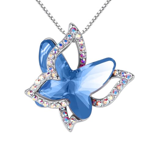 Butterfly Necklace, Birthstone Crystal, for Women, Silver Tone Pendant Jewelry, Anniversary Birthday Gift for Her, Wife & Mom, 18"+2" - color: 03-March & December Birthstone - Light Sapphire Blue Crystal