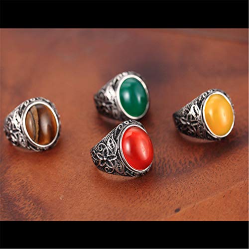 Retro Unisex Stainless Steel Oval Gemstone Hollow Flower Carved Signet Ring - color: Silver-Green