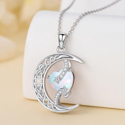 TOUPOP Moon and Star Birthstone Necklace for Women 925 Sterling Silver Celtic Moon Jewelry Birthday Mothers Day Gifts for Mom Wife Her - color: 10-October-Opal