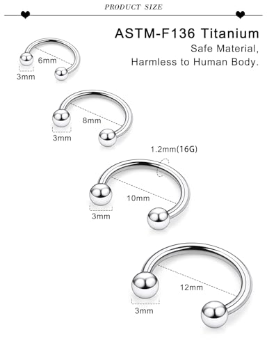 20G 18G 16G 14G 12G ASTM F136 Titanium Horseshoe Septum Nose Ring Piercing Jewelry Circular Barbell Helix Snug Tragus Rook Daith Cartilage Earring Lip Ring Hoop Piercing Jewelry for Women Men - style: 16G, 6mm 8mm 10mm 12mm Length, Ball