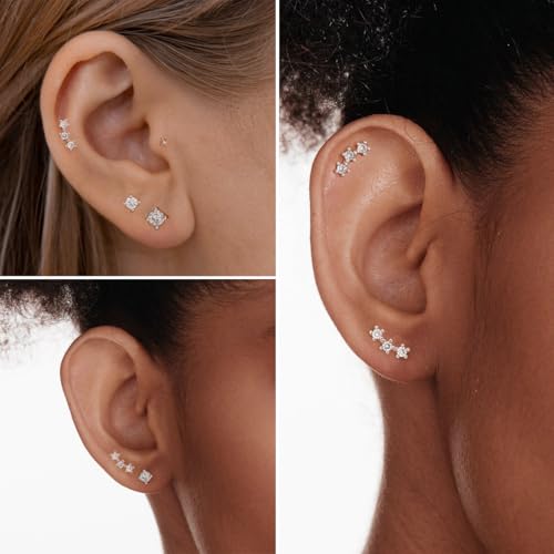 Stud Earring for Women, 14K Gold Silver Plated Hypoallergenic Studs Set | Trendy Cartilage Tragus Helix Clover Flower Earring Stack for Multiple Piercing, Dainty Cute Small Jewelry Gift, Non Tarnish - style: SL-CZ/Climbers A-4 Pairs