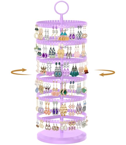 MODOWEY 6 Tier Rotating Earring Holder Organizer, Adjustable Metal and Plastic Stand Tree with 342 Groove for Stud Hoop Pierced Dangle Display, Decluttered, Space-Saving Storage Rack for Women, Purple - color: Purple