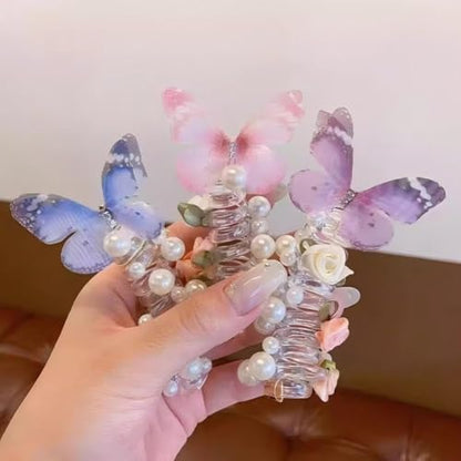 3 Pack Butterfly Spiral Hair Ties, Faux Pearl Coil Ponytail Holders for Girls Kids Hair Accessories
