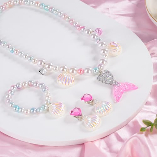 Mermaid Necklace Bracelet Set Mermaid Jewelry Kit Included Shell Necklace Bracelet Ring Earrings Accessories - color: Purple+pink