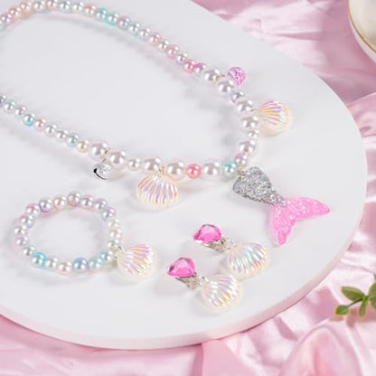 Mermaid Necklace Bracelet Set Mermaid Jewelry Kit Included Shell Necklace Bracelet Ring Earrings Accessories - color: Purple+pink