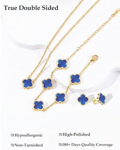 Clover Jewelry Set 3 PC - 18K Gold Plated Stainless Steel Y Necklace Four Leaf Pendant, Clover Bracelet Charm, 4leaf Earrings, Hypoallergenic Non-Tarnish, Lucky Jewelry Gifts for Women Mom - color: Navy Blue/Gold