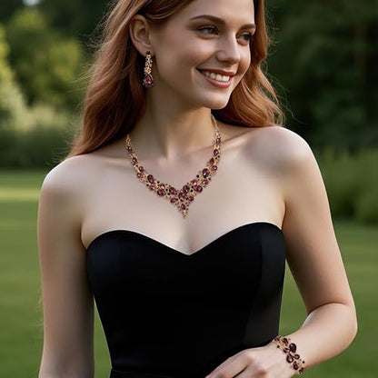 Wedding Bridal Jewelry Set for Women Bride Bridesmaids | Gorgeous Austrian Crystal Teardrop Cluster Statement Necklace Dangle Earrings Link Bracelet Set Prom Jewellery - color: 14-Deep Amethyst Color Gold-Plated-Base
