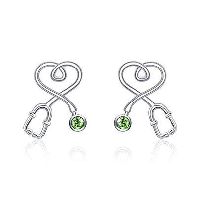 Stethoscope Earrings 925 Sterling Silver Heart Studs Earrings 12 Months Birthstone Crystals from Austria, Graduation Jewelry Gifts for Nurse Doctor RN Medical Student - color: Simulated Peridot