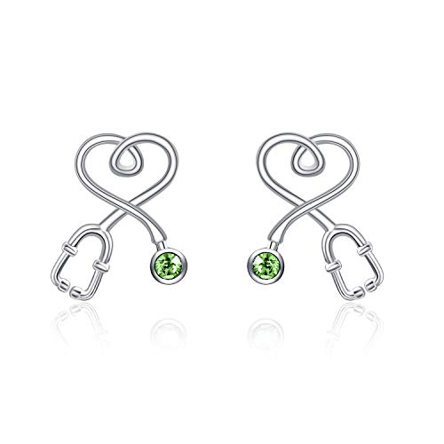 Stethoscope Earrings 925 Sterling Silver Heart Studs Earrings 12 Months Birthstone Crystals from Austria, Graduation Jewelry Gifts for Nurse Doctor RN Medical Student - color: Simulated Peridot