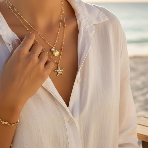Gold-plating Necklaces for Women, Pearl Seashell Flower Pendant Necklace, Boho Lariat Long Necklace Set, Trendy Summer Beach Jewelry - color: Gold 3