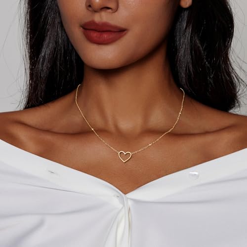 Zeffy Dainty Gold Heart Necklace for Women Trendy 14K Gold/Silver Plate Cute Heart Pendant Choker Necklaces Gold Love Heart Chain Necklace for Women Dainty Gold Jewelry Gifts for Women - style: Open Heart Necklace-Gold