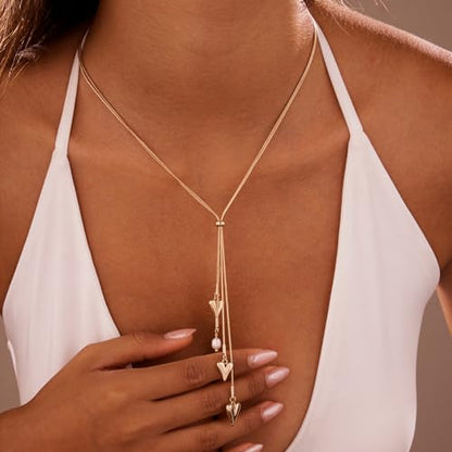 Gold Lariat Necklace for Women Heart Pearl Y - Shaped Long Necklace Simple Chain Trendy Jewelry Gifts - color: Gold-A