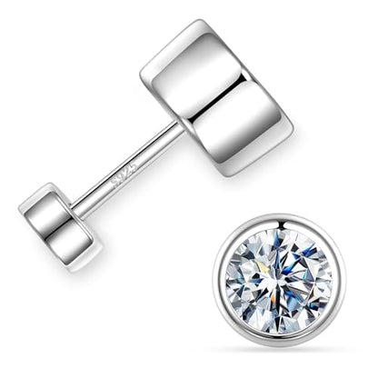 Moissanite Flat Back Earrings, 0.2-2ct Lab Created Moissanite | 925 Sterling Silver, VVS1 Clarity, Screw Back, Hypoallergenic, Elegant Gift Packed, Birthday Gifts, Wearable While Sleeping - color: Round Bezel, size: 1ct.tw(0.5ct*2)