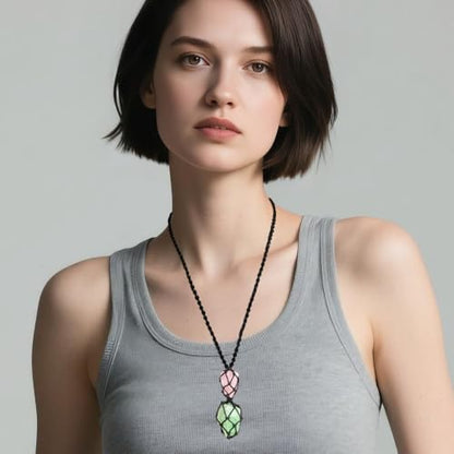 Anjiucc Handmade Crystal Cage Holder with Raw Gemstone Pendant Necklace Natural Stone Healing Crystal Necklace Adjustable Length - color: Green Fluorite+Rose Quartz