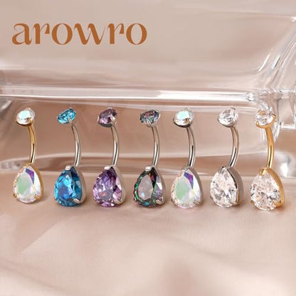 AROWRO Gold Belly Button Ring G23 Titanium Hypoallergenic 14G belly ring for Women Men Teardrop Navel Piercing Jewelry 10mm Barbell With Cubic Zircon - color: Silver+Teardrop Blue CZ