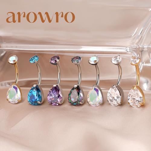 AROWRO Gold Belly Button Ring G23 Titanium Hypoallergenic 14G belly ring for Women Men Teardrop Navel Piercing Jewelry 10mm Barbell With Cubic Zircon - color: Gold+Teardrop AB CZ