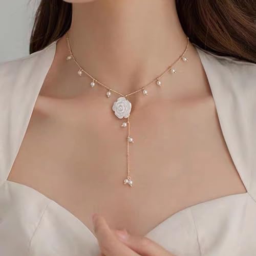 Boho Pearl Drop Necklace for Women White Flower Pendant Necklace Pearl Y Necklace Chain Flower Y Lariat Necklace Pearl Y Drop Chain Necklace Gold Pearl Bead Necklace Jewelry for Girls