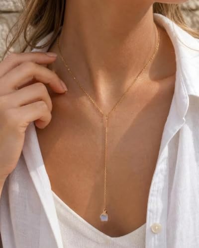 Lariat Necklace for Women Dainty Gold Long Crystal Drop Y-Shaped Necklace | 14k Gold Plated Crystal Drop Necklace Trendy Non Tarnish Simple Gold Jewelry For Wedding, Prom, Daily - color: Moonstone