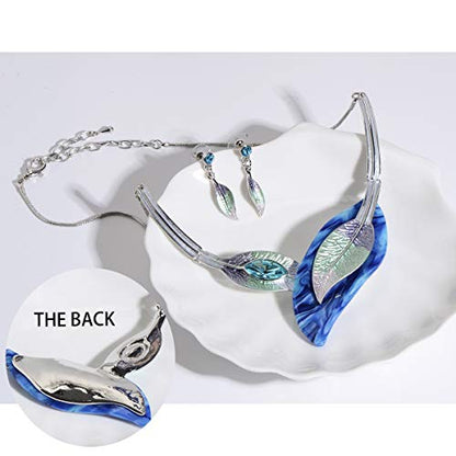 AMYJANE Vintage Statement Jewelry Set - Spring Leaf Flower Floral Plant Necklace Earring Set Crystal Rhinestone Fashion Costume Jewelry for Women Prom Party Unique Gift - style: 2 Leaves Jewelry Set Blue