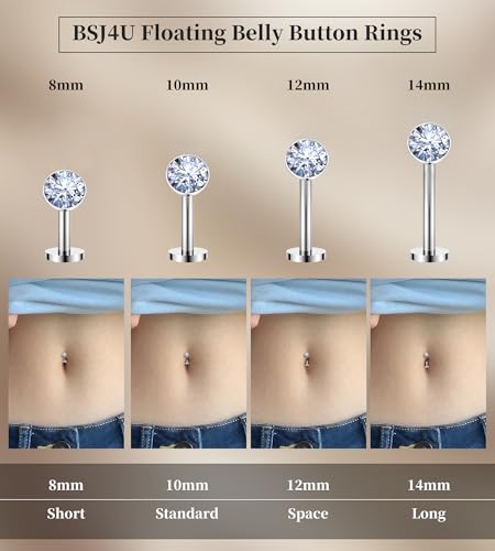 BSJ4U 5 Pcs Titanium Floating Belly Button Rings 14G Hypoallergenic Belly Rings for Women 8mm/10mm/12mm/14mm Internally Threaded Flat Navel Belly Piercing Jewelry - size: 8mm