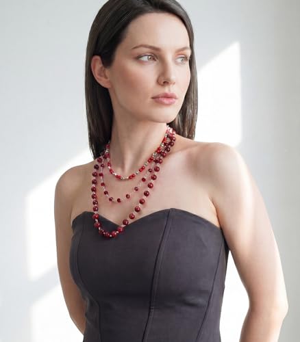 Noessla Layered Beaded Necklaces for Women - 3 Strand Boho Statement Choker Fashion Jewelry Gifts - color: Red