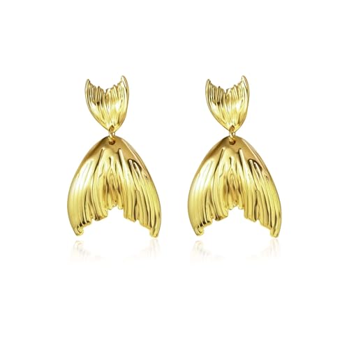 Large Geometric Drop Dangle Earrings for Women Pearl Teardrop Disc Rectangle Oval Fishtail Shell Shaped Textured Dangle Studs Earrings for Women - color: Gold-Fishtail