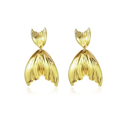 Large Geometric Drop Dangle Earrings for Women Pearl Teardrop Disc Rectangle Oval Fishtail Shell Shaped Textured Dangle Studs Earrings for Women - color: Gold-Fishtail