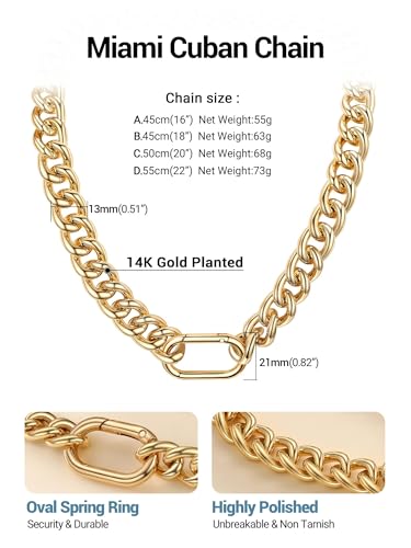 Chunky Gold Necklace for Women, 14K Gold Cuban Chain with Oval Spring Ring, 13MM/16MM/23MM 14K Gold Plated Womens Gold Chain Necklace Hip Pop Trendy Jewlry Gifts - size: 16 inchs, style: 13MM -14K Gold