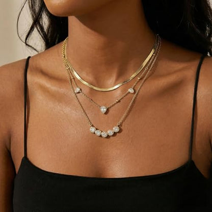 Coolkin 3 PCS Women Gifts Layered Gold Necklace for Women,14K Gold Plated Dainty CZ Pendant Layering Gold Necklaces Set Chain Choker Cubic Zirconia Necklace Trendy Jewelry Gifts - style: Circular CZ