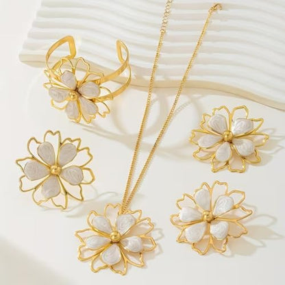 Gold Flower Jewelry Set For Women, 5 Pcs Chunky Golden Floral Pendant Necklace Bracelet Earrings Ring Set Statement Flower Jewelry Gifts For Beach Wedding - color: 5pcs-White