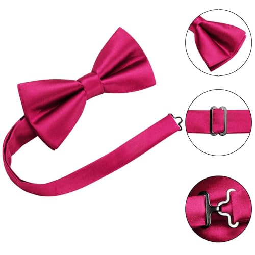 Hi-Tie 5Pcs Mens Solid Color Silk Tie Satin Pretied Bowtie Lapel Pin for Men Handkerchief Cufflink Wedding Gift Box - color: Hot Pink