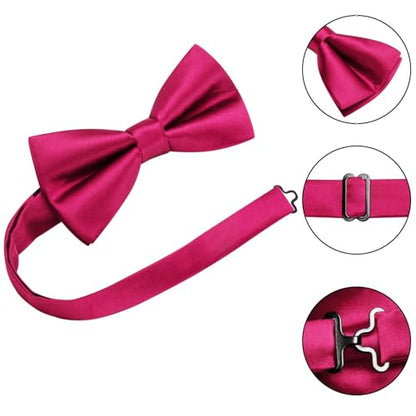 Hi-Tie 5Pcs Mens Solid Color Silk Tie Satin Pretied Bowtie Lapel Pin for Men Handkerchief Cufflink Wedding Gift Box - color: Hot Pink