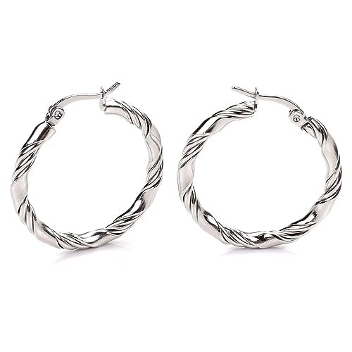 Cable Hoop Earring for Women Light-Weight Twisted Italian Design Round Hoop Earrings Diameter 25mm - color: 2-silver