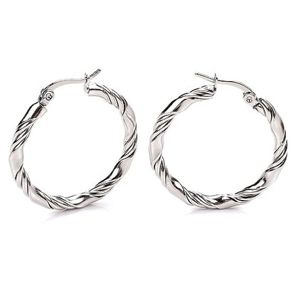 Cable Hoop Earring for Women Light-Weight Twisted Italian Design Round Hoop Earrings Diameter 25mm - color: 2-silver