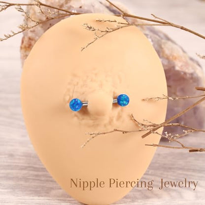 AROWRO Nipple Piercing Jewelry G23 Titanium Nipple Rings Tongue Rings Nipple Bar 14G Internally Threaded Straight Barbells Bridge Piercing Jewelry 12mm-20mm - color: Silver+Blue Opal