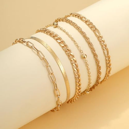 Adjustable Waterproof Layered Bracelets for Women Summer Beach Cuban Link Chain Anklets Set Herringbone Paperclip Beaded Snake Chain Stackable Anklet Stainless Steel Jewelry Bracelet - color: 6PCS-Gold