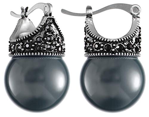 Glass Pearl Earrings Crystal Accent Crown Shape for Wedding, Bridal, Formal & Fashion - color: Grey