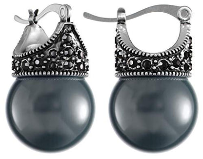 Glass Pearl Earrings Crystal Accent Crown Shape for Wedding, Bridal, Formal & Fashion - color: Grey