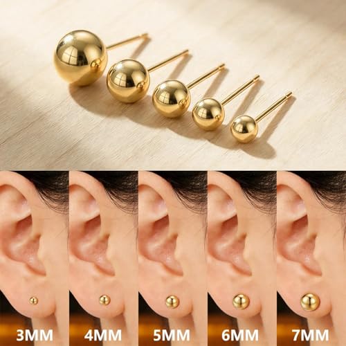 ToHeart 5 Pairs 14K Gold Silver Ball Stud Earrings for Women Studs Set | 3-7MM Studs Hypoallergenic Lightweight Small Ball Earrings Multiple Piercing Earrings Set - color: Gold